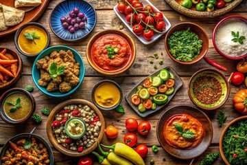 Colorful Messy Food Spread with Various Dishes, Sauces, and Utensils on a Rustic Wooden Table