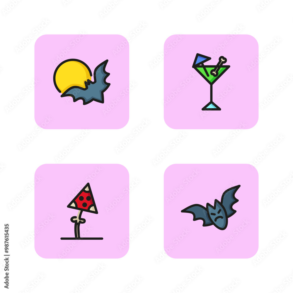 Poster Halloween symbols line icon set. Bat and moon, flying bat, mushroom and cocktail. Halloween concept. Vector illustrations can be used for topics like horror, October, celebration, party