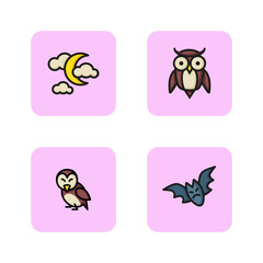 Night elements line icon set. Crescent, bird, bat, owl. Halloween and wildlife concept. Vector illustrations can be used for fear, night, holiday