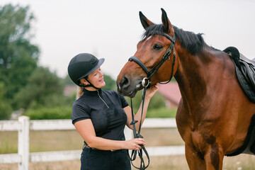 Young female jockey in helmet petting her horse in countryside