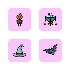 Halloween line icon set. Bat, witch hat, caldron with potion and voodoo. Halloween holiday concept. Vector illustrations can be used for topics like horror, October, celebration