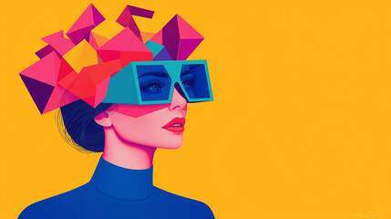 Abstract Portrait of Woman with Geometric Shapes and Large Glasses in Vibrant Pop Art Style
