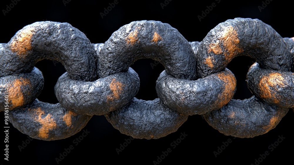 Aufkleber close-up view of a rusty chain link, showcasing detailed texture and weathering on a black backgroun