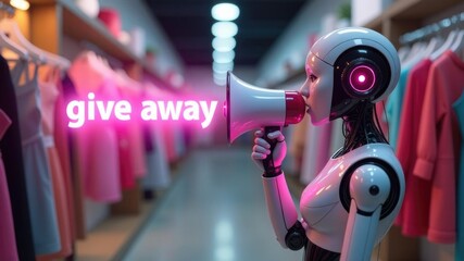 Obraz premium Futuristic marketing concept: robot advertising fashion giveaway in retail store