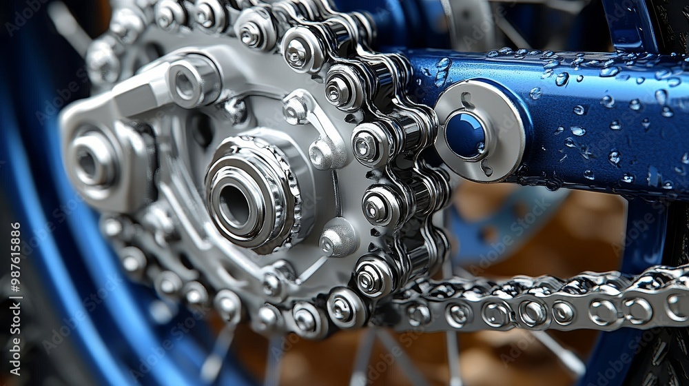 Poster close-up view of a wet bicycle gear mechanism showcasing intricate design and details in metallic bl