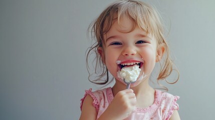 Child eating yogurt with a playful expression, capturing the fun of this tasty treat.