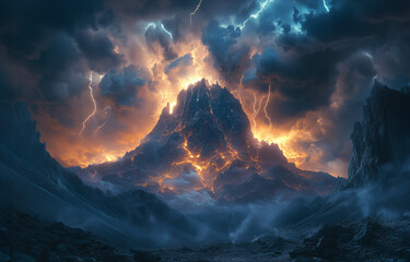 Naklejka premium Painting of a scary mountain with fire, smoke, lightning surrounding it like in the Old Testament