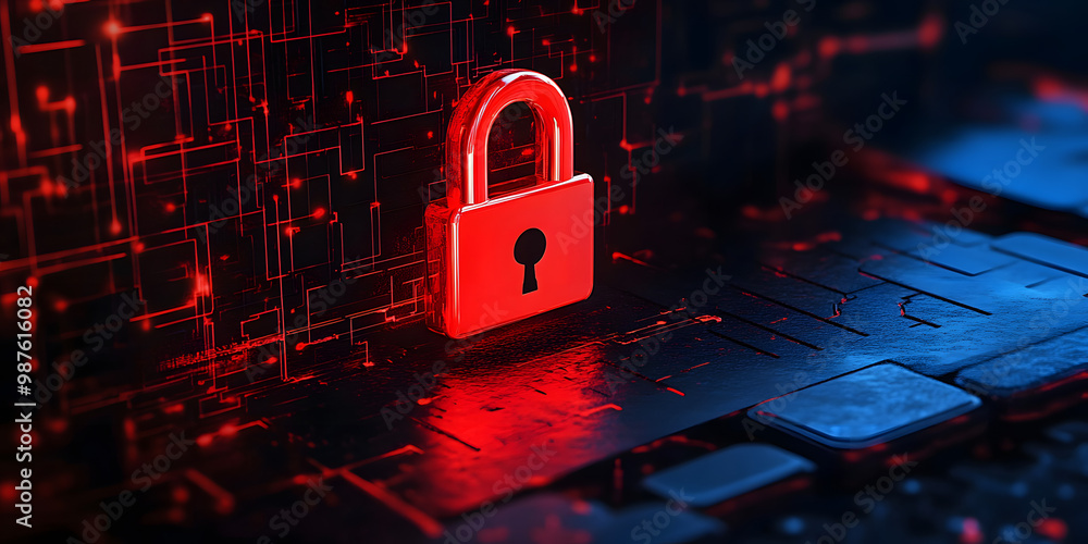 Poster hacker attack. security breach, system hacked, internet cyber attack alert with red broken padlock, 