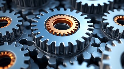 Close-up view of intricate metallic gears, showcasing precision engineering and industrial design in modern machinery.
