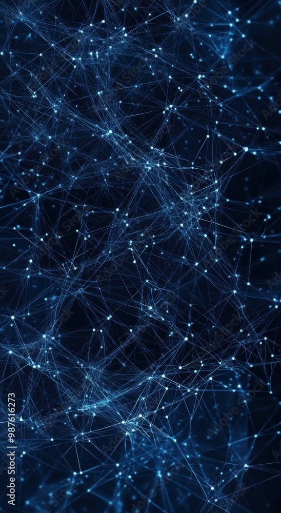 Poster a dark blue background with a complex network of interconnected lines and glowing points creating a 