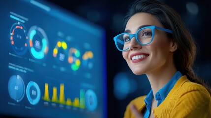 Businesswoman Analyzing Data on Screen with Charts and Graphs