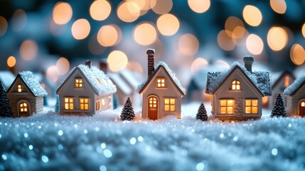 Cozy Christmas village with warm glowing lights and snowy rooftops