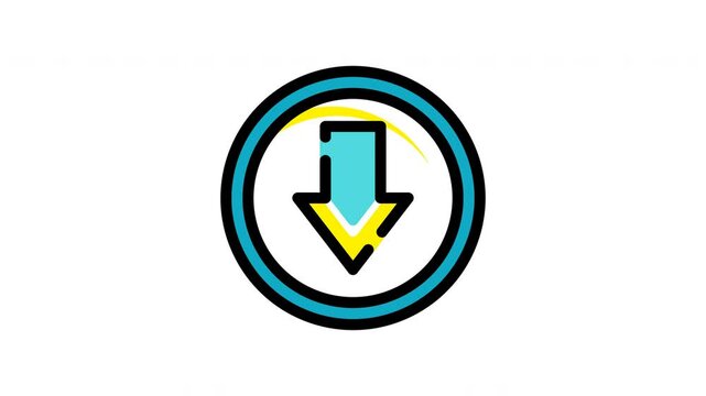 Download with black outline, pointing down yellow and blue arrow. Suitable for concepts like decrease, decline, negative trends.