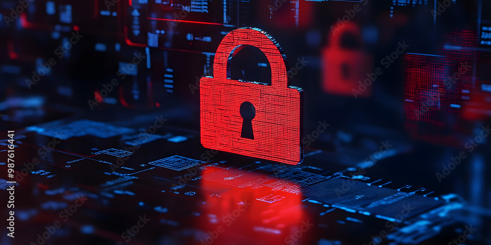Poster hacker attack. security breach, system hacked, internet cyber attack alert with red broken padlock, 
