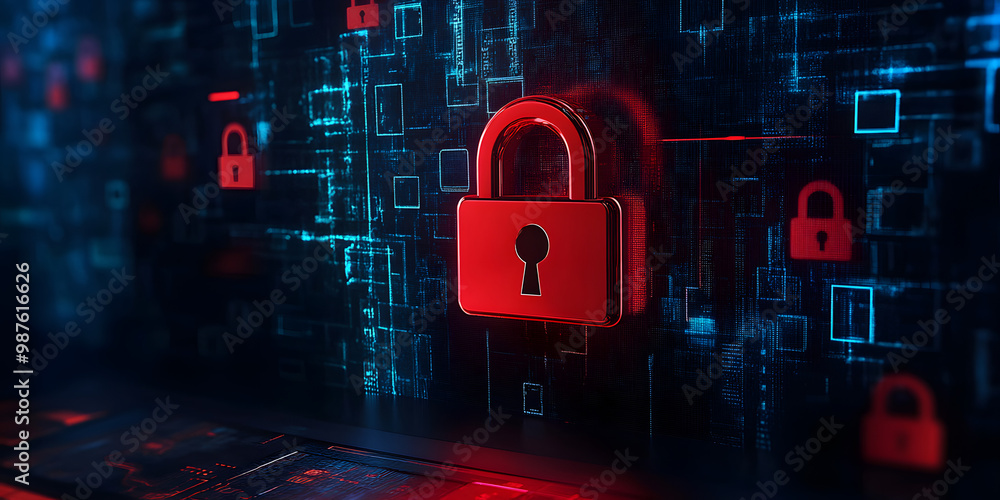 Poster hacker attack. security breach, system hacked, internet cyber attack alert with red broken padlock, 