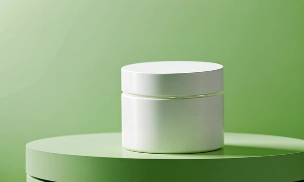 blank cosmetic jar on green background. mock up for branding. 3 d illustration.