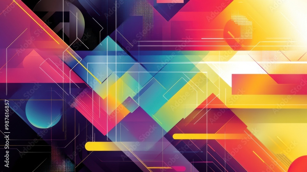 Poster a colorful abstract background with overlapping geometric shapes and sleek lines, forming a fluid, f
