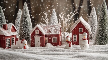 Fototapeta premium Snowy Christmas decoration scene with red wooden houses, snowmen, and trees covered with white snow, festive and enchanting winter wonderland