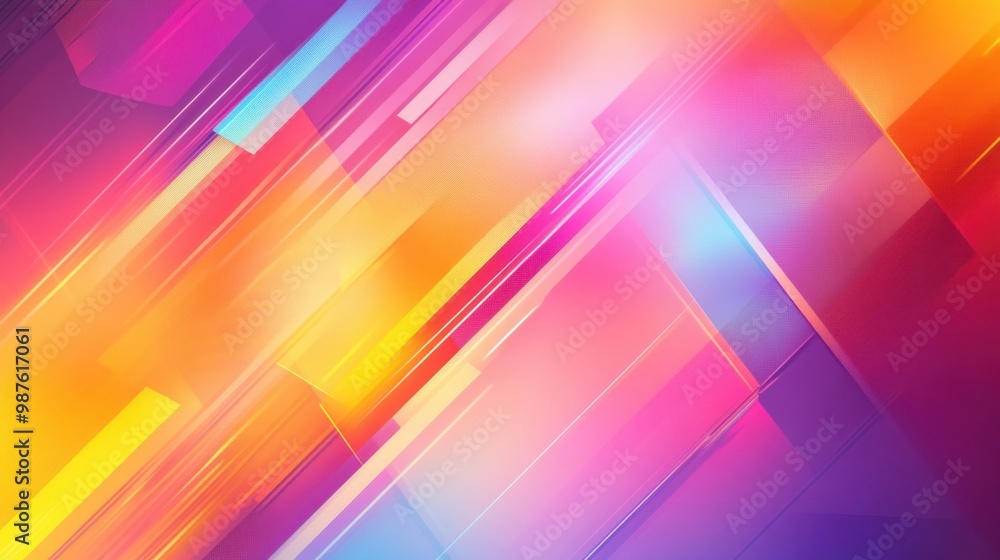 Poster a bright, colorful abstract background with overlapping hexagons and diagonal lines, forming a layer
