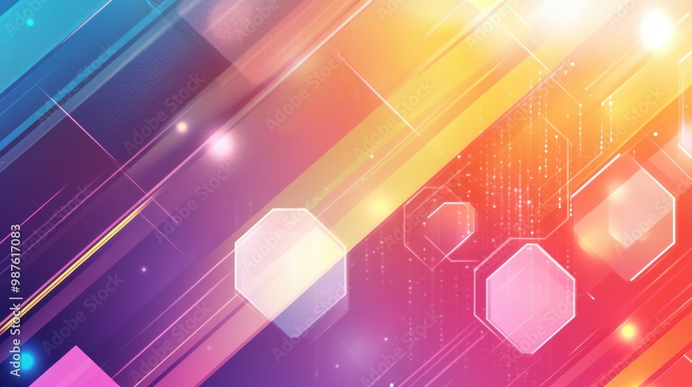 Poster a bright, colorful abstract background with overlapping hexagons and diagonal lines, forming a layer