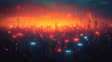 Obraz premium Cyberpunk Cityscape with Glowing Towers
