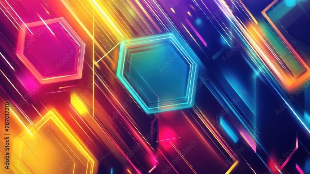 Poster a bright, playful abstract banner with hexagons and swirling lines in vivid colors, creating a dynam