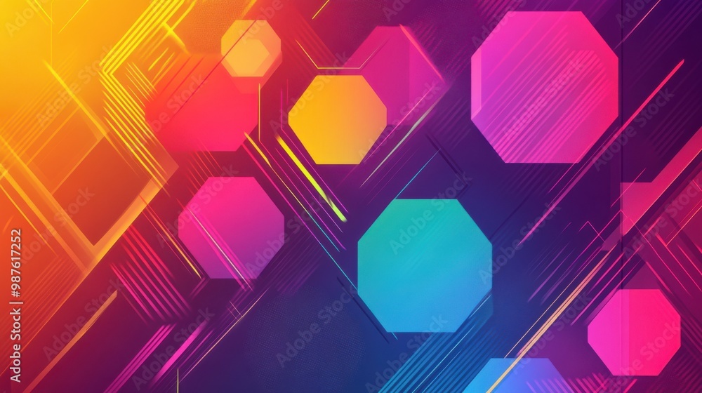 Aufkleber a bright, playful abstract banner with hexagons and swirling lines in vivid colors, creating a dynam