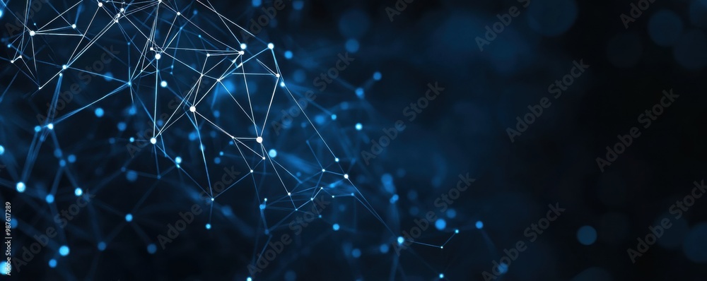 Poster dark blue digital background showcasing a complex network of interconnected nodes and lines illustra