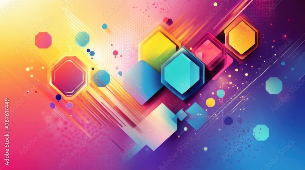 Poster a colorful abstract background with geometric shapes like hexagons, squares, and circles in a modern