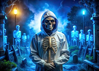 Spooky skeleton in a facemask and hazmat suit stands amidst a backdrop of miniature tombstones and viral cells, surrounded by eerie blue lighting.