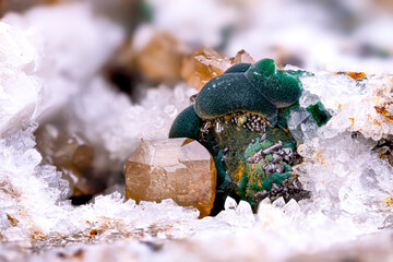 Brown Cerussite with green Malachite on Quartz. Specimen from Mas dieu, Laval-Pradel, Gard, France....