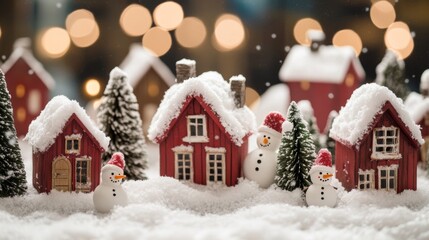 Snowy Christmas decoration scene with red wooden houses, snowmen, and trees covered with white snow, festive and enchanting winter wonderland