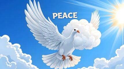 Obraz premium White Dove Flying in the Blue Sky, with a Sign in Its Paws with the Word 