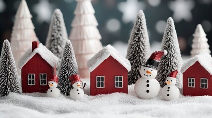 Naklejka premium Snowy Christmas decoration scene with red wooden houses, snowmen, and trees covered with white snow, festive and enchanting winter wonderland
