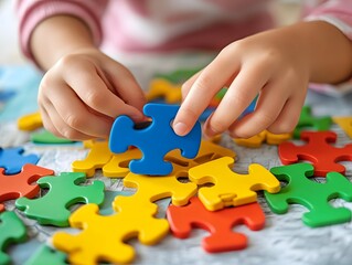 Colorful Jigsaw Puzzle Pieces Assembled by Curious Hands of a Young Child