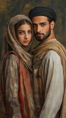 portrait of a young man dressed traditionally with an Arab female.