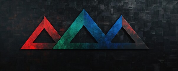 Abstract geometric wallpaper featuring vibrant shapes in red, green, and blue on a textured dark background