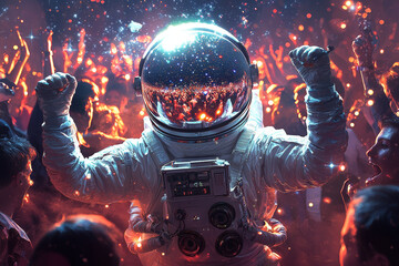 An astronaut helmet reflecting disco ball captures vibrant energy of lively party scene. atmosphere is electric, filled with excitement and celebration