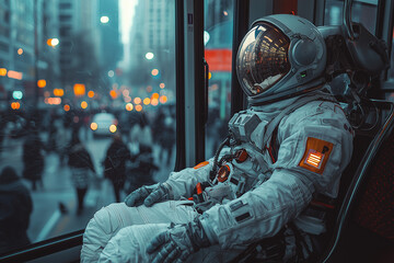 An astronaut in full gear sits quietly on bus, observing bustling city outside. contrast between space suit and urban environment creates unique and intriguing scene