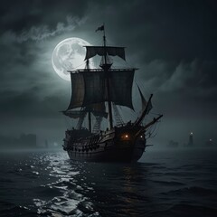 Fototapeta premium A medieval ship sailing in thick fog, illuminated by the moon, eerie and mysterious ambiance