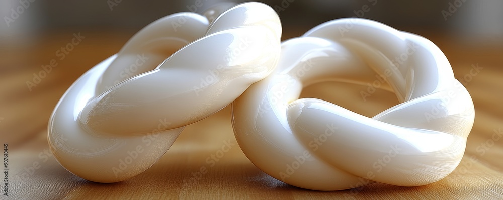 Poster elegant white knots displayed on a wooden surface, symbolizing unity and connection in a minimalist 