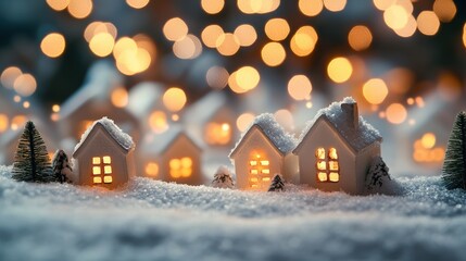 Cozy Christmas village with warm glowing lights and snowy rooftops