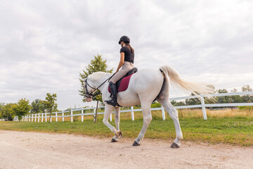 Girl in an equestrian outfit gently caressing her snow white horse during riding near the fields...