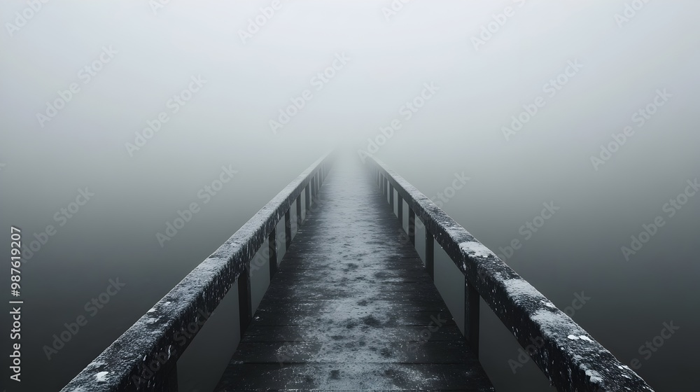 Poster mysterious fog covered bridge stretching into an uncertain shrouded landscape the path ahead is obsc