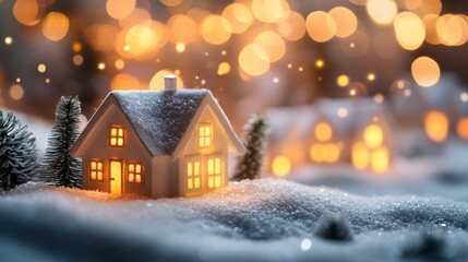 Cozy Christmas village with warm glowing lights and snowy rooftops