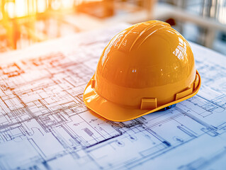 A yellow hard hat is placed on top of a blue blueprint