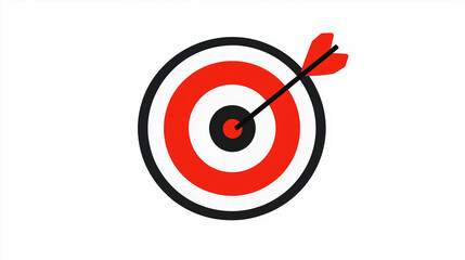 A simple image of a target with a dart in the middle in a minimalist style using red, black, and white colors.