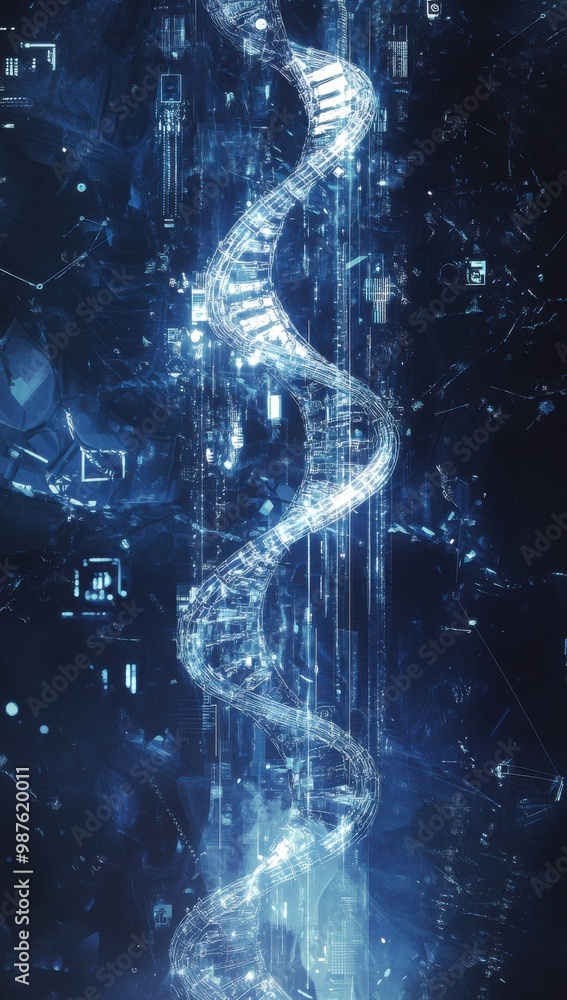 Poster digital art depicting an abstract dna helix with interconnected nodes on a dark blue background repr