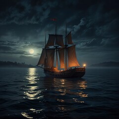Obraz premium Foggy night at sea, medieval sailboat drifting under glowing moonlight, shrouded in an eerie mood