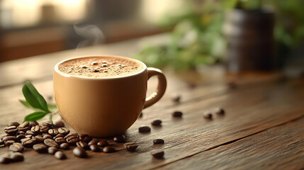 Steaming Cup of Coffee on Wooden Table with Coffee Beans -  Realistic Image